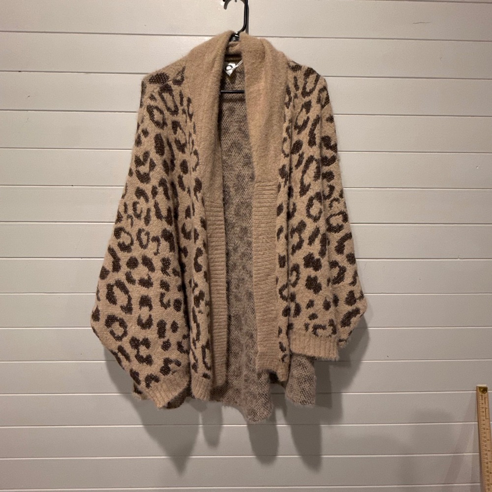 Akemi + Kin Leopard Print Cardigan Womens OS Tan Brown Fuzzy Oversized Sweater